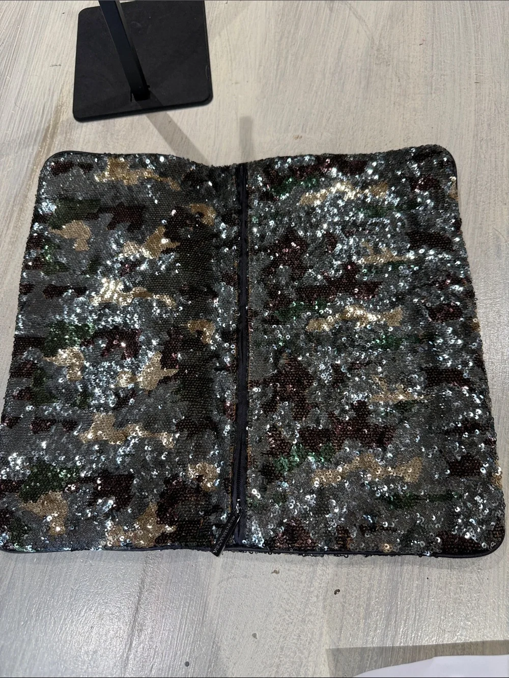 BCBGMaxAzria Camouflage Sequin Fold-Over Clutch in Black, Gold, Green